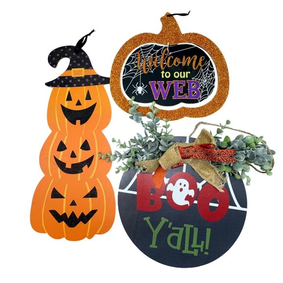 Set 3 Halloween Decorative Hanging Signs: Welcome To Our Web Boo Yall Pumpkins - Picture 1 of 5